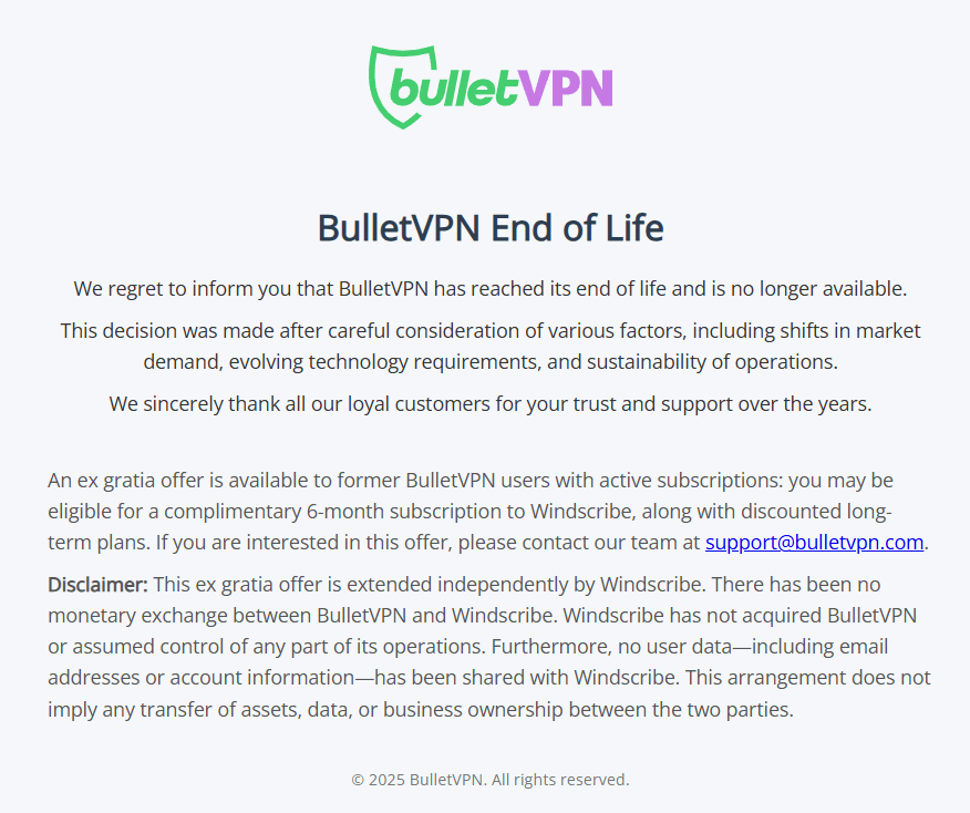 BulletVPN Shuts Down – Active Subscriptions Get Free Windscribe Pro